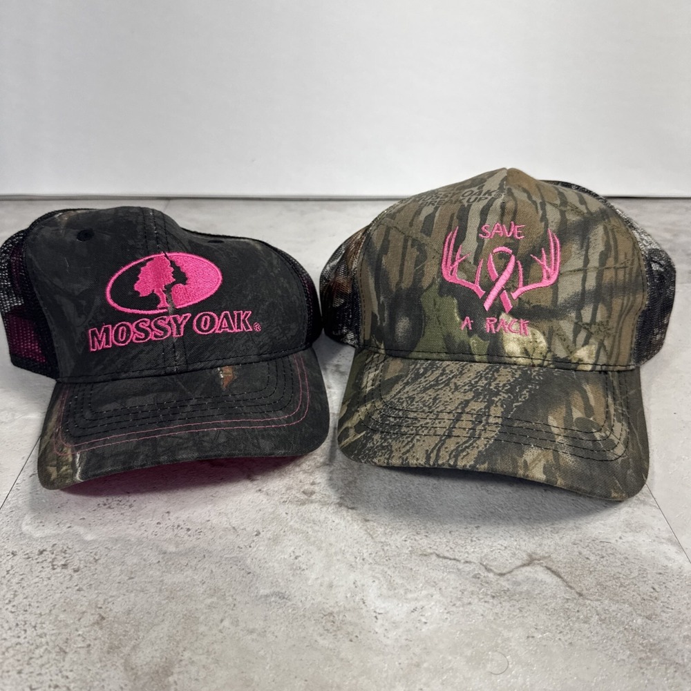 2 Mossy Oak Camo Mesh Pink Lettered Adjustable Hats 1 Breast Cancer Awareness